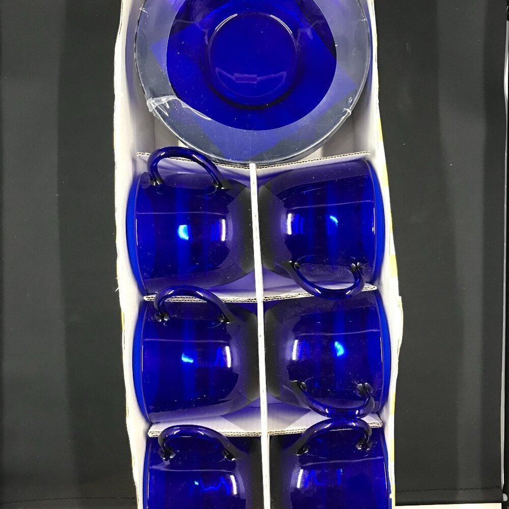 NEW Vintage VMC France set of 6 cups and saucers in box, cobalt blue glass
